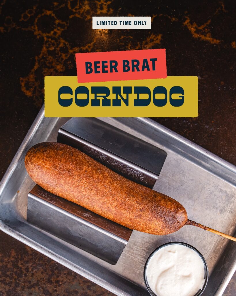 Beer Brat Corndog with sauerkraut dipping sauce, limited time only at Boonedogs